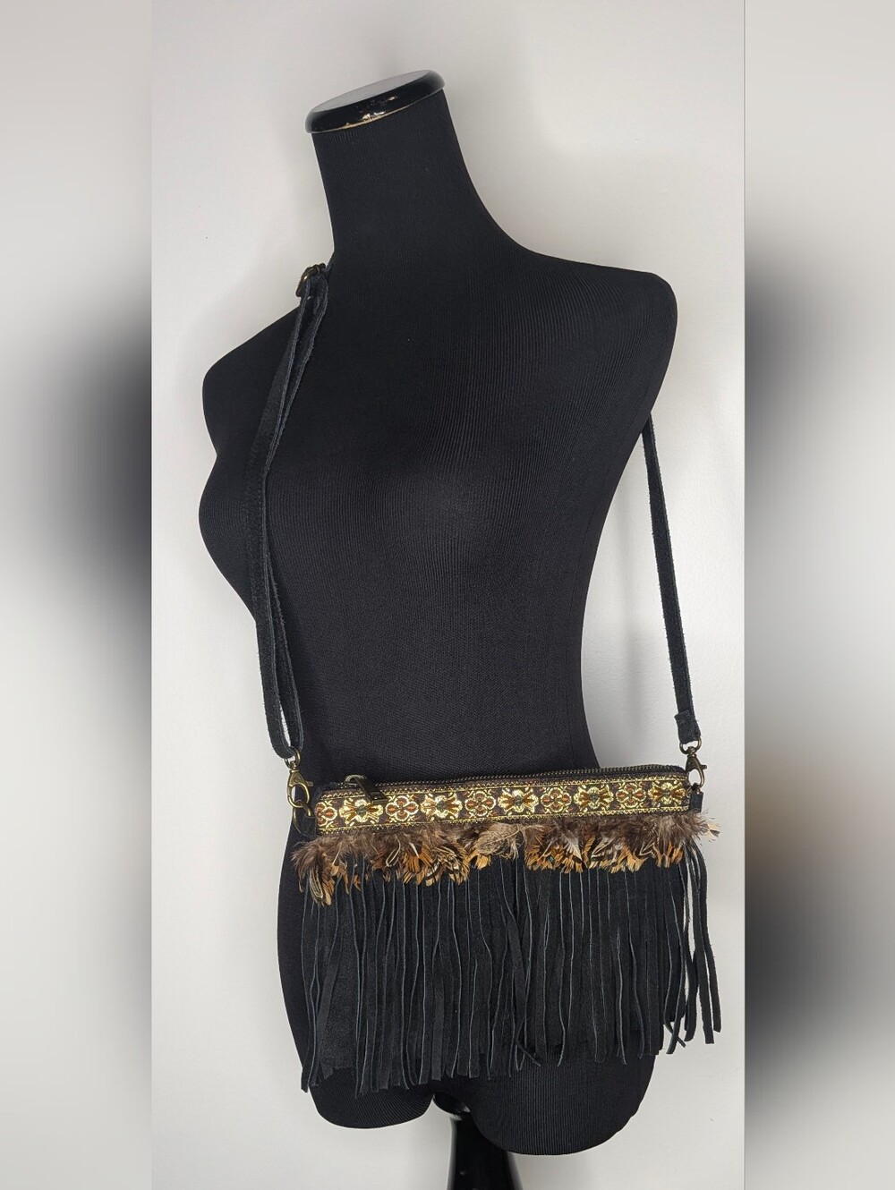 Vintage Italian Black Suede Fringe Crossbody Bag Boho Feather Embroidered Italy